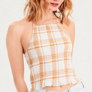 American Eagle Cropped Halter Top Yellow Ruched L